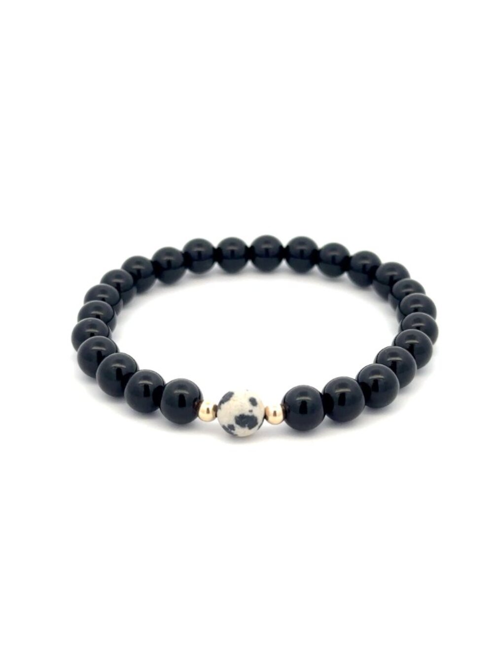 Natural Dalmatian Jasper Onyx 14K Solid Gold Bead Stretch Bracelet
